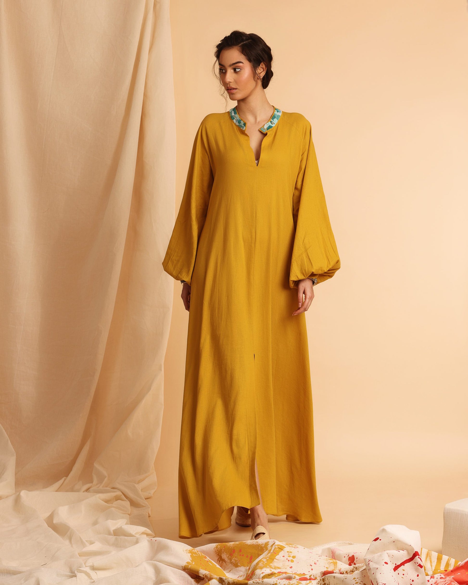 Aaliyah linen mustard dress