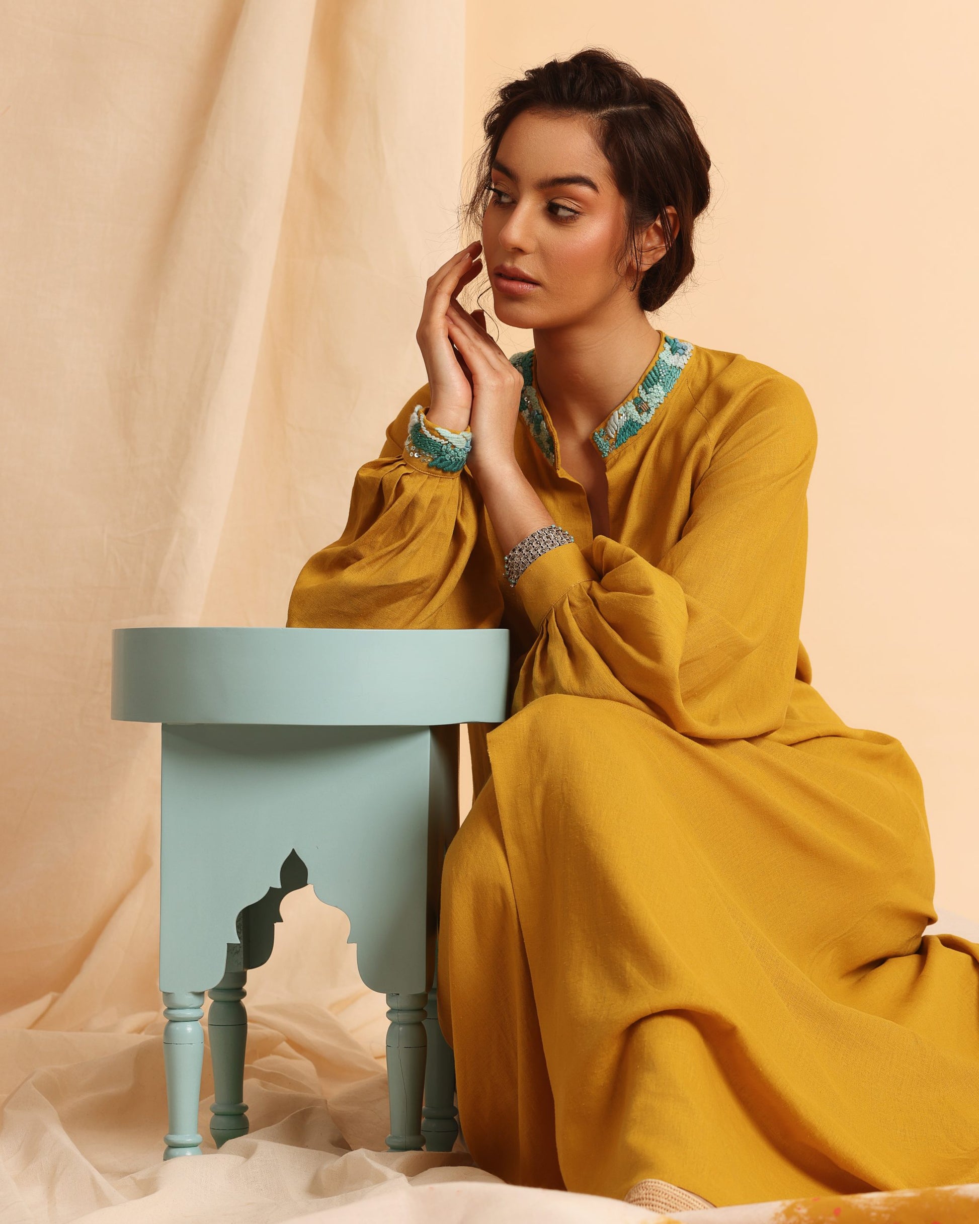 Aaliyah linen mustard dress