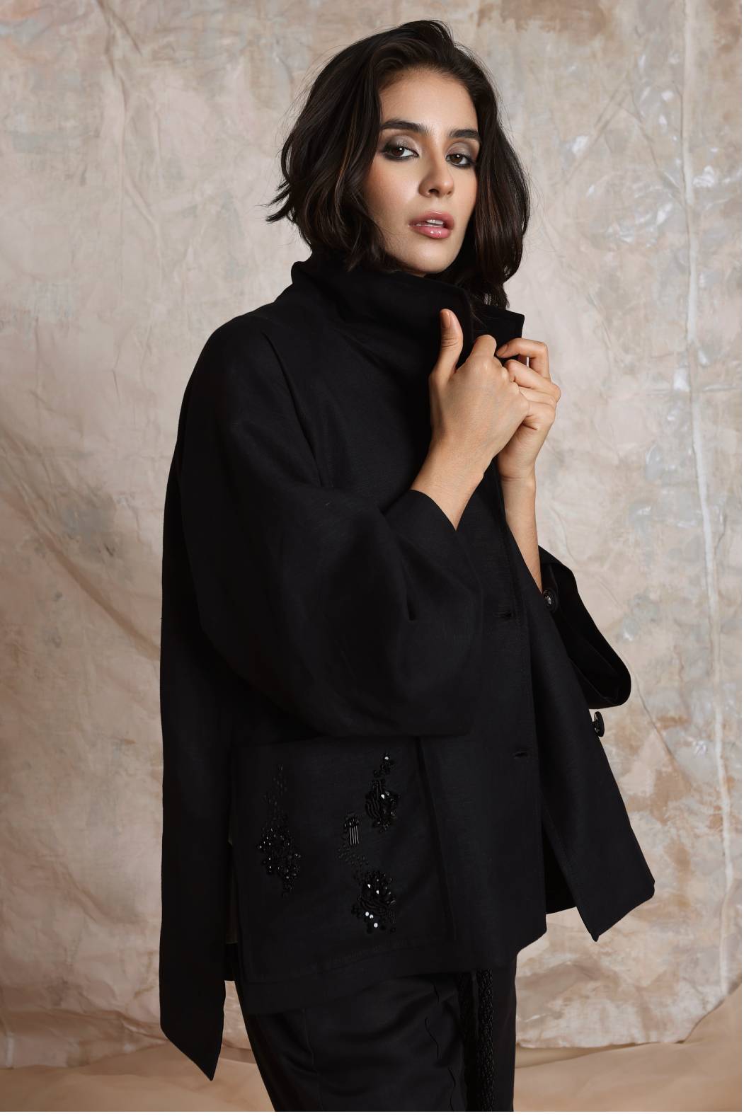 Atlal Hand-Embroidered Trench Vest Black