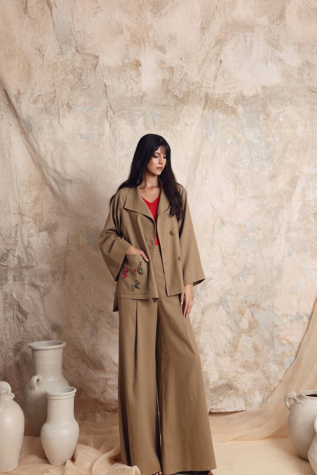 Atlal Hand-Embroidered Trench Vest Camel