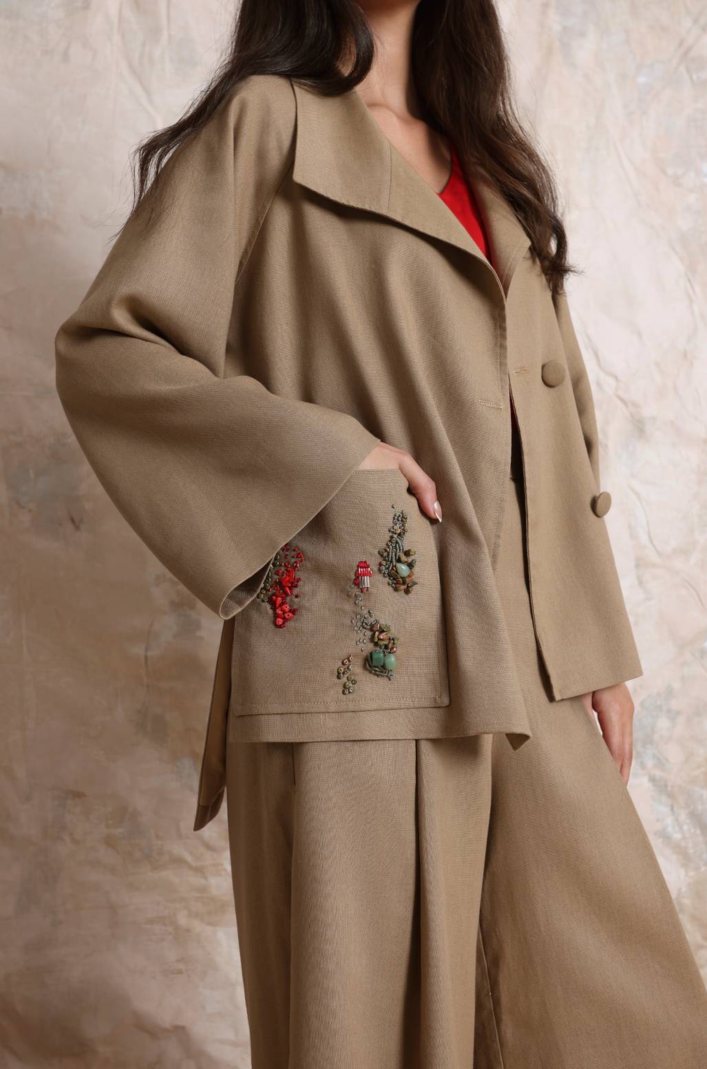 Atlal Hand-Embroidered Trench Vest Camel