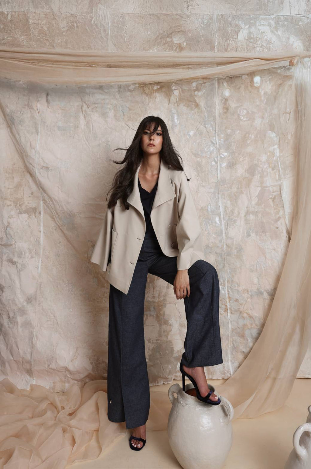 Atlal Hand-Embroidered Trench Vest Beige