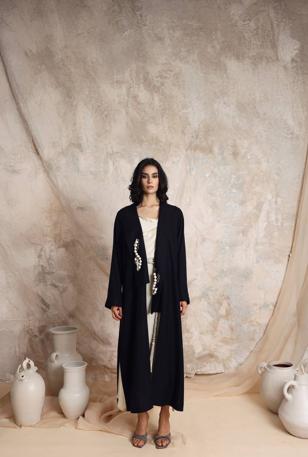 Long black linen kimono