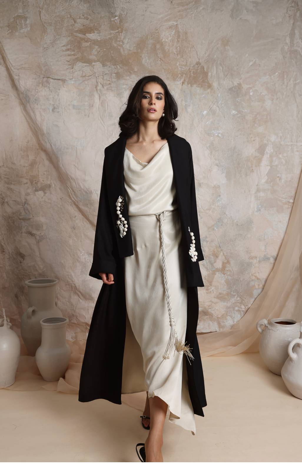 Long black linen kimono